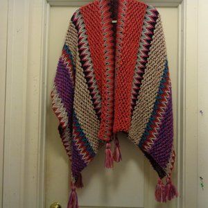 TRENDING PONCHO STYLE OPEN RETRO COLORS LONG FRINGE SOFT KNIT SHAWL ONE SIZE